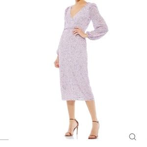 SEQUINED ILLUSION PUFF SLEEVE V NECK MIDI DRESS